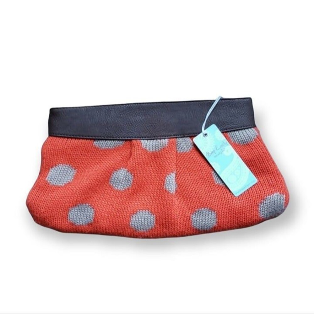NEW Mud Pie Orange Polka Dot Knit Clutch Wristlet Makeup Bag Vintage Boho